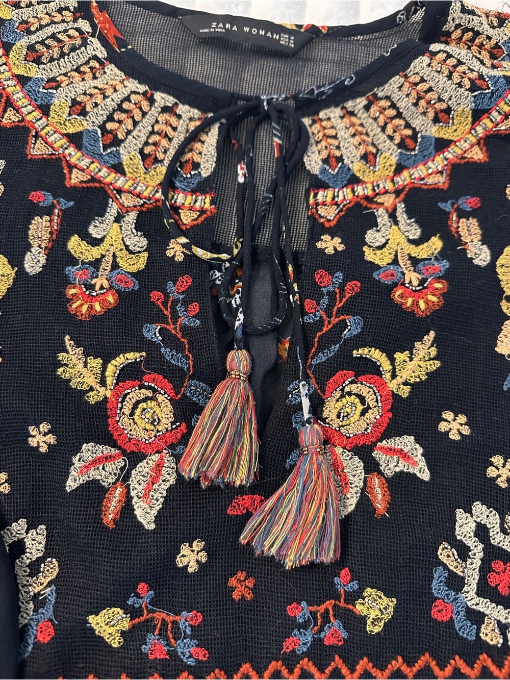 ZARA Black Boho Peasant Embroidered Floral Blouse with Tassel Tie - Picture 6 of 9